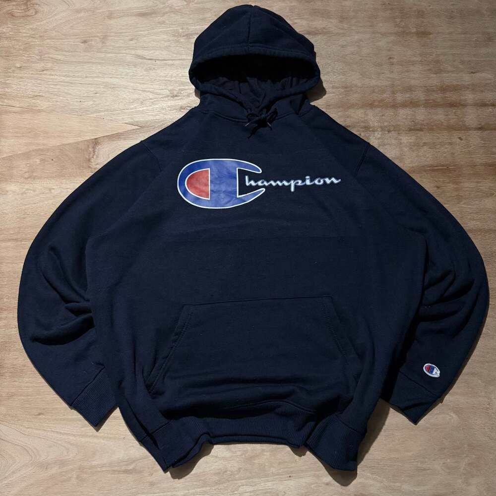Vintage Champion Big Logo Navy Pullover Hoodie 2XL Y2K Spellout